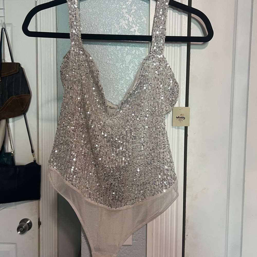NWT- Free People Silver Sequin Bodysuit